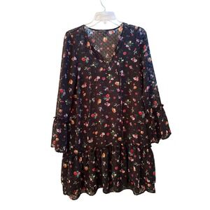 Banana Republic Floral Clip Dot Ruffle Sheer Mini Dress Black Multi Color Small